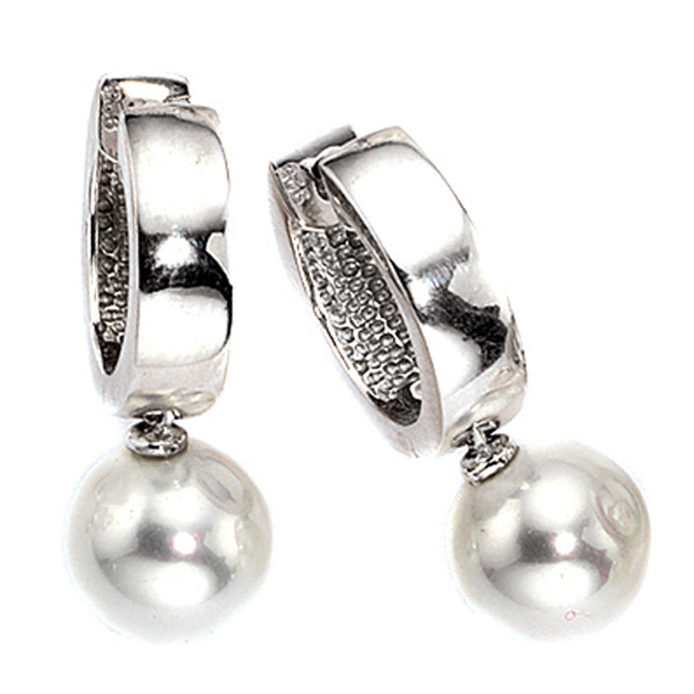 Creolen 925 Sterling Silber rhodiniert 2 synthetische Perlen Ohrringe