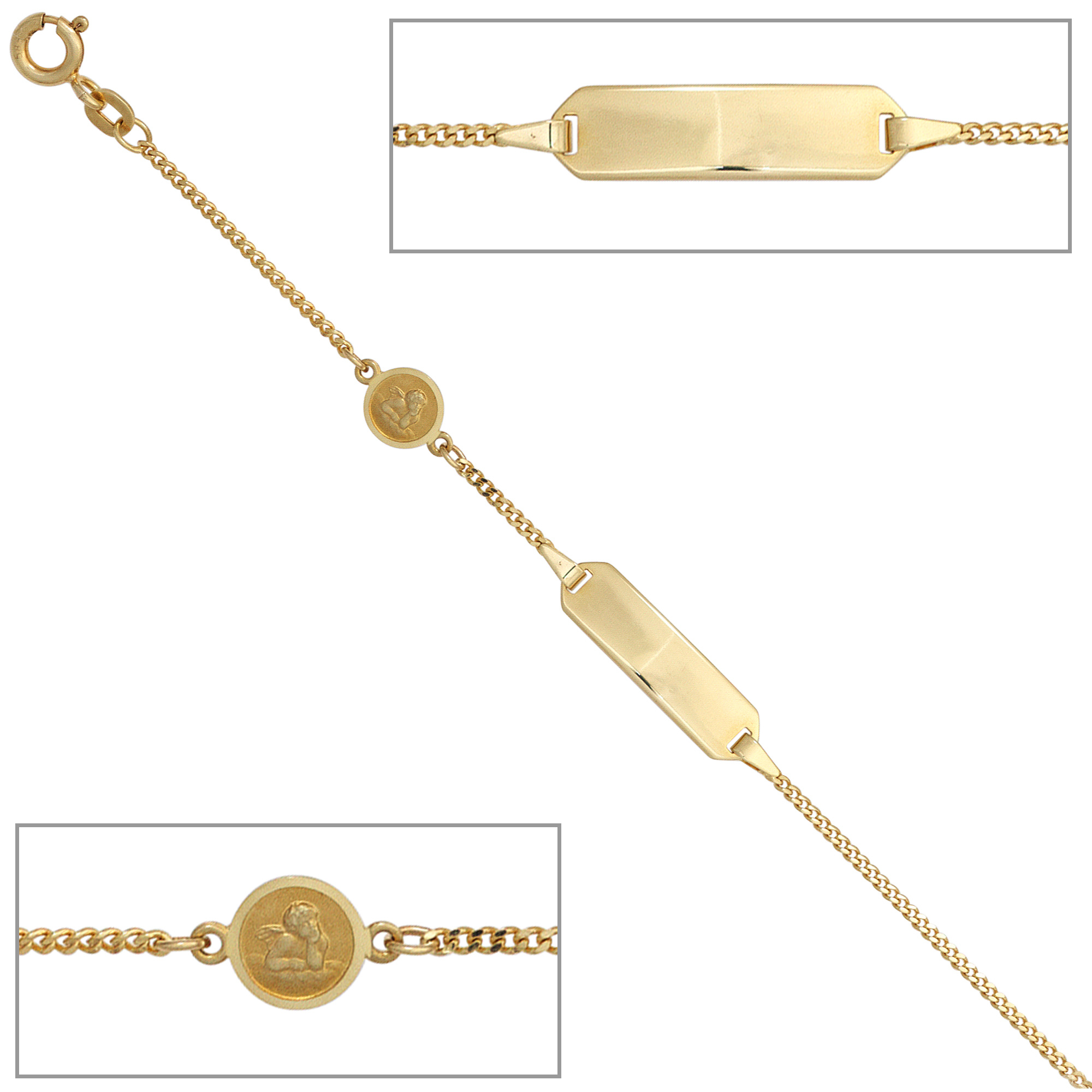 Schildband Engel 585 Gold Gelbgold teilmattiert 14 cm Gravur Armband Federring